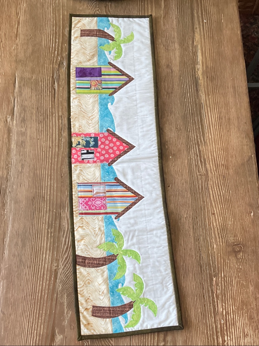 Coastal Patchwork Beach Hut Table Runner in Pink, Blue, Green